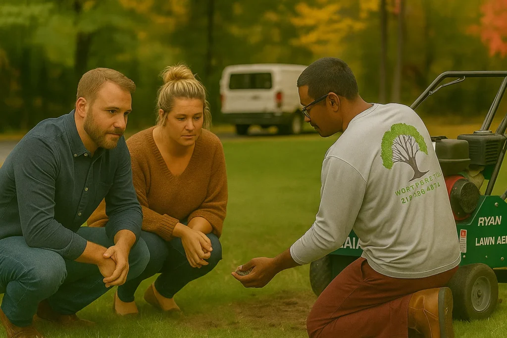 overseeded yard treated with core aeration.