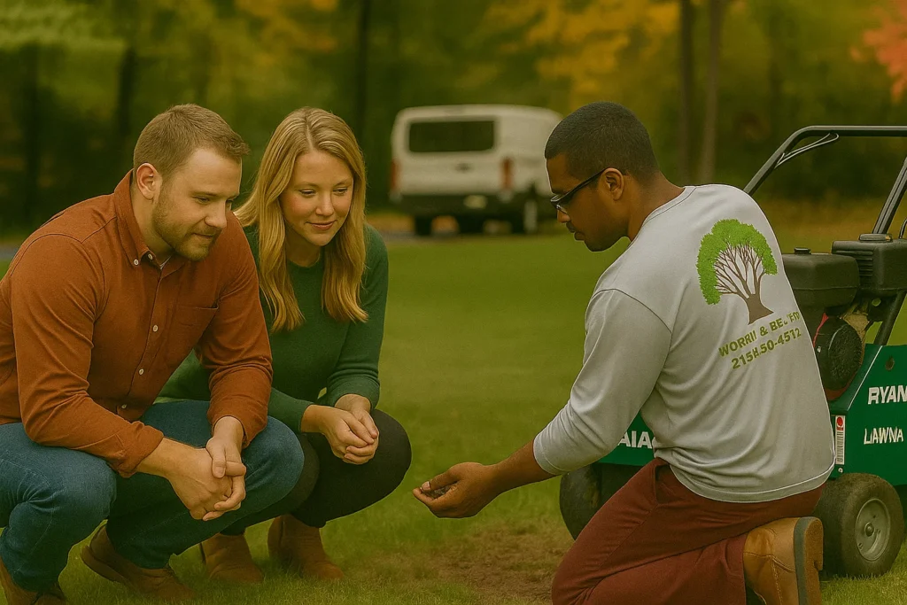 Lawn Aeration Services by Worthy Landscaping In Delaware County featuring a technician in branded hat explaining how core aeration works while homeowners study soil plugs at their feet.