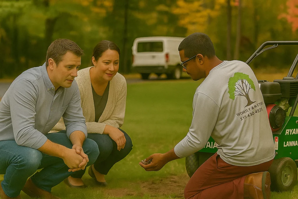 Lawn Aeration Services by Worthy Landscaping In Delaware County with a close-up of soil plugs on the grass and the technician gesturing toward them while homeowners stand nearby.