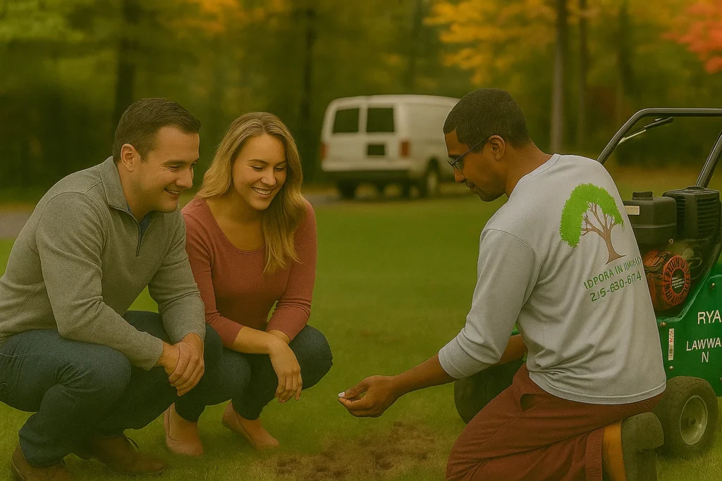 Lawn Aeration Services by Worthy Landscaping In Delaware County showing a lawn expert and couple looking at a small patch of aerated turf