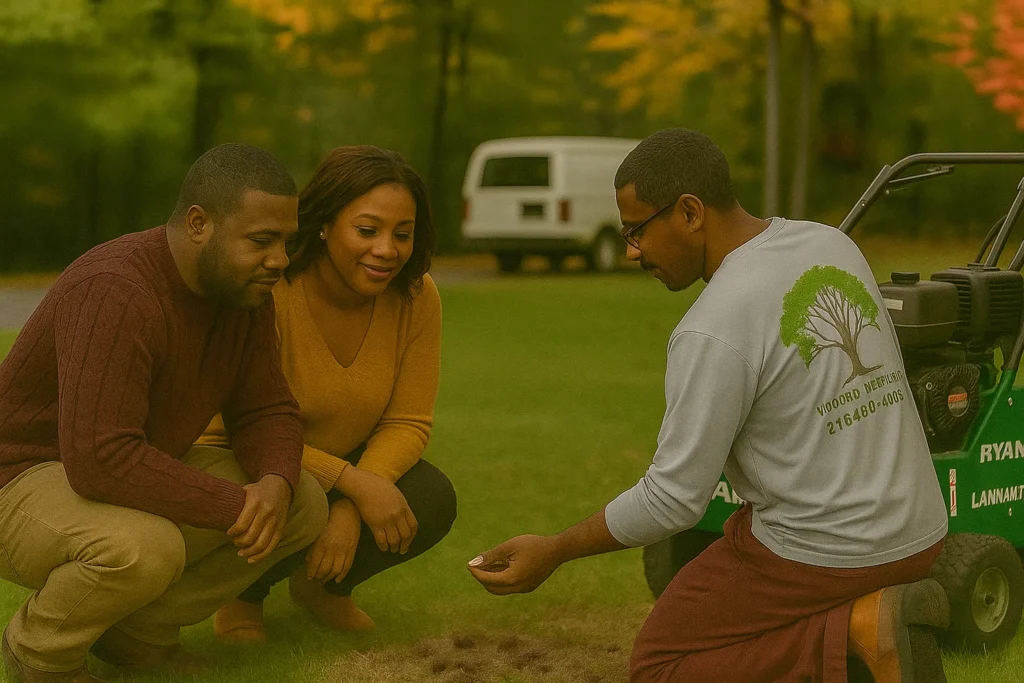 Lawn Aeration Services by Worthy Landscaping In Montgomery County capturing a low-angle view of the aerator tines pulling plugs as a branded truck glows in warm sunset light behind.