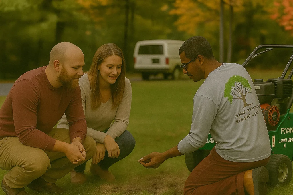 Lawn Aeration Services by Worthy Landscaping In Delaware County featuring the technician referencing a clipboard while showing soil plugs and explaining the aeration plan to the couple.