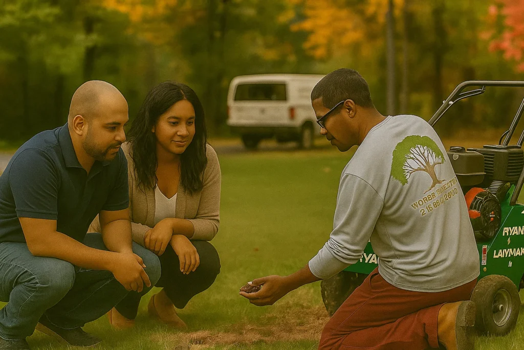 Lawn Aeration Services by Worthy Landscaping In Montgomery County with a technician aerating close to the walkway while the company truck and trailer are staged neatly in the background.