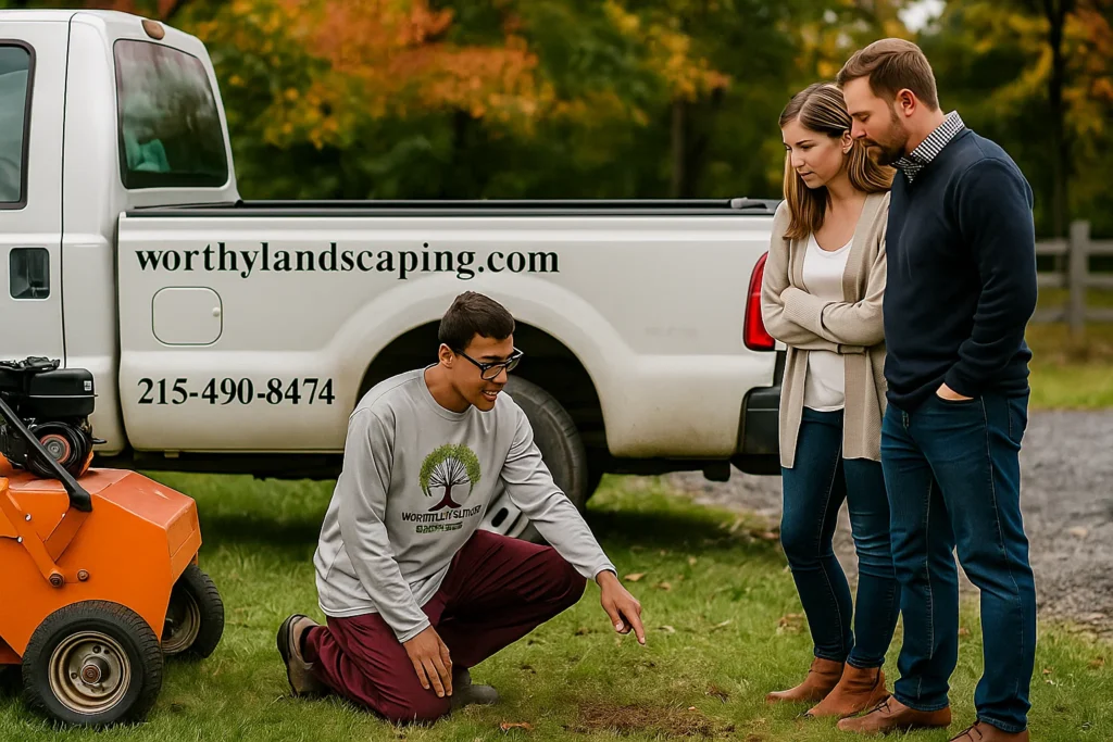 Lawn Aeration Services by Worthy Landscaping In Chester County with a left panel of thin