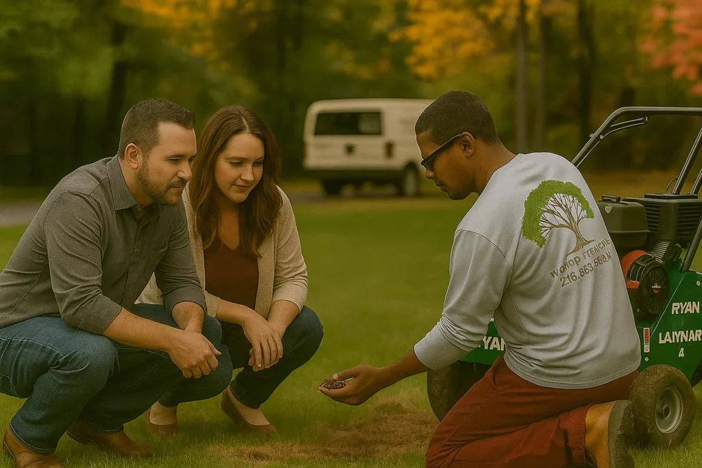Lawn Aeration Services by Worthy Landscaping In Montgomery County as a worker follows a chalked layout for aeration rows
