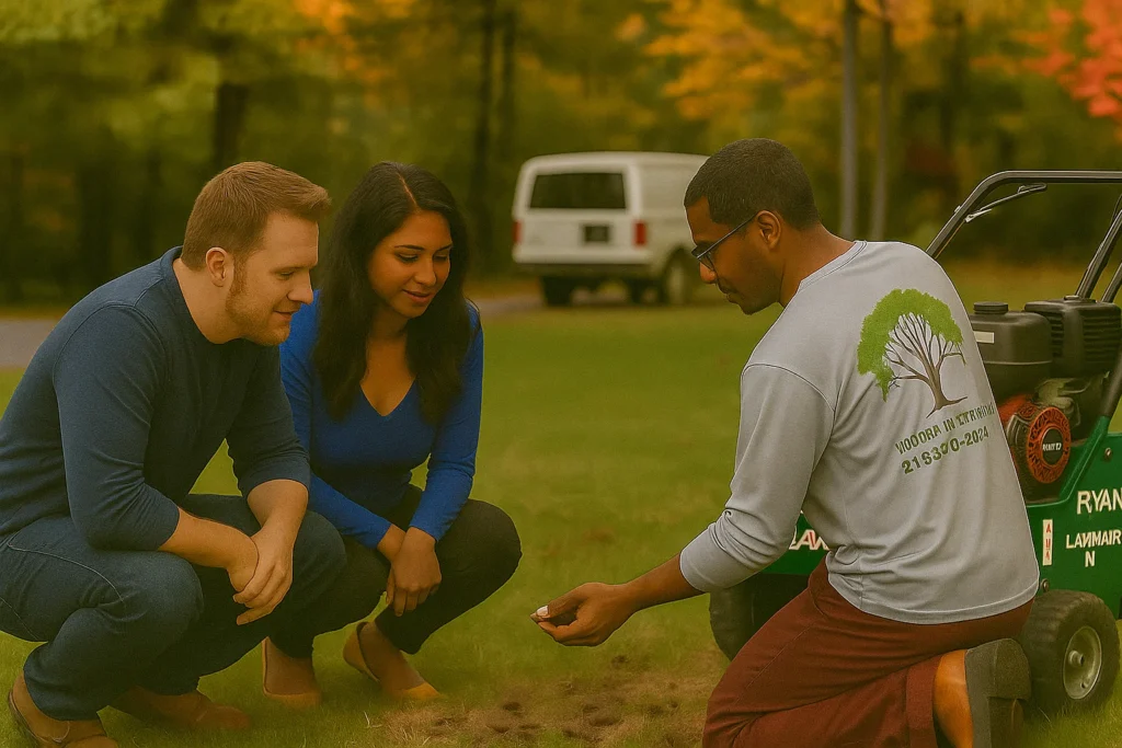 Lawn Aeration Services by Worthy Landscaping In Montgomery County featuring a mid-shot of the aerator on a freshly cut lawn