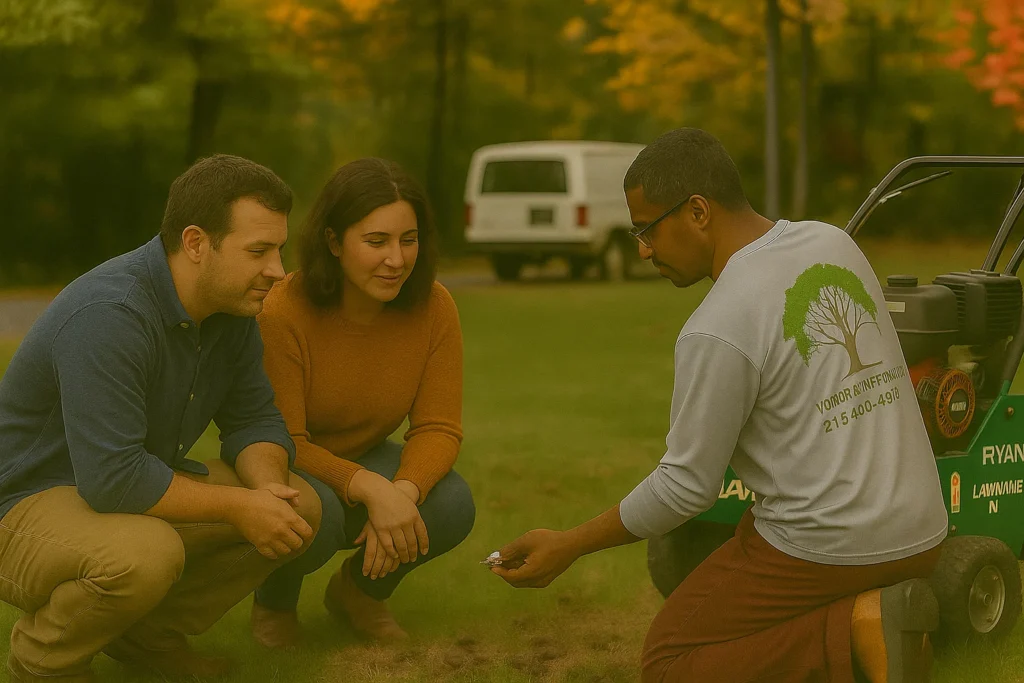 Lawn Aeration Services by Worthy Landscaping In Chester County displaying a small city lawn that looked bare before and now appears full and professionally maintained after aeration.