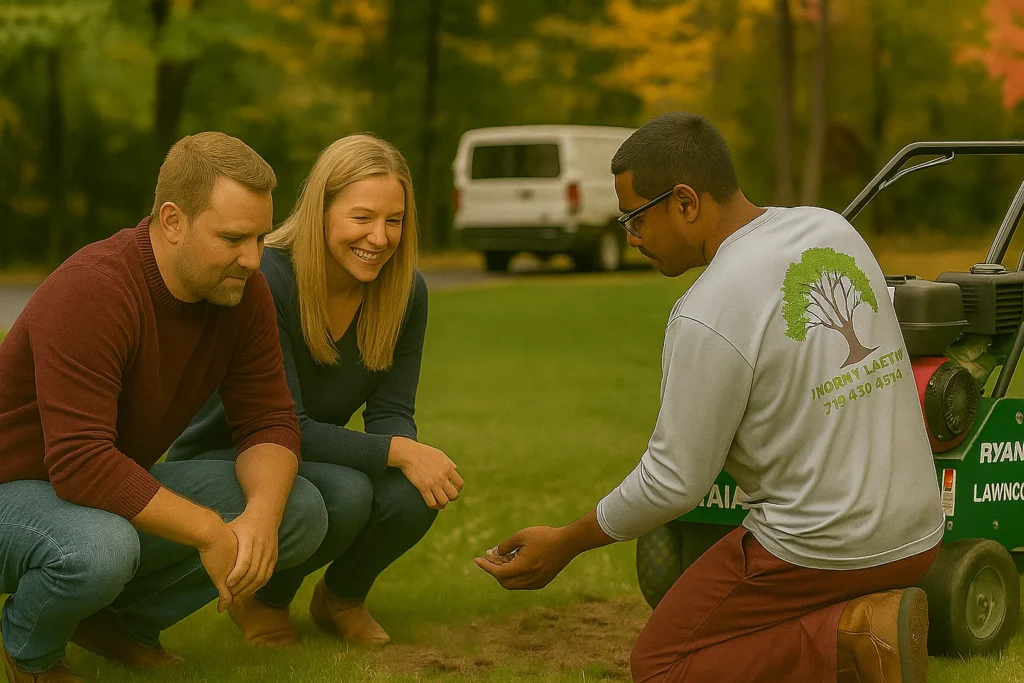 Lawn Aeration Services by Worthy Landscaping In Delaware County capturing a moment of the technician outlining watering instructions for the aerated lawn while pointing to soil cores.