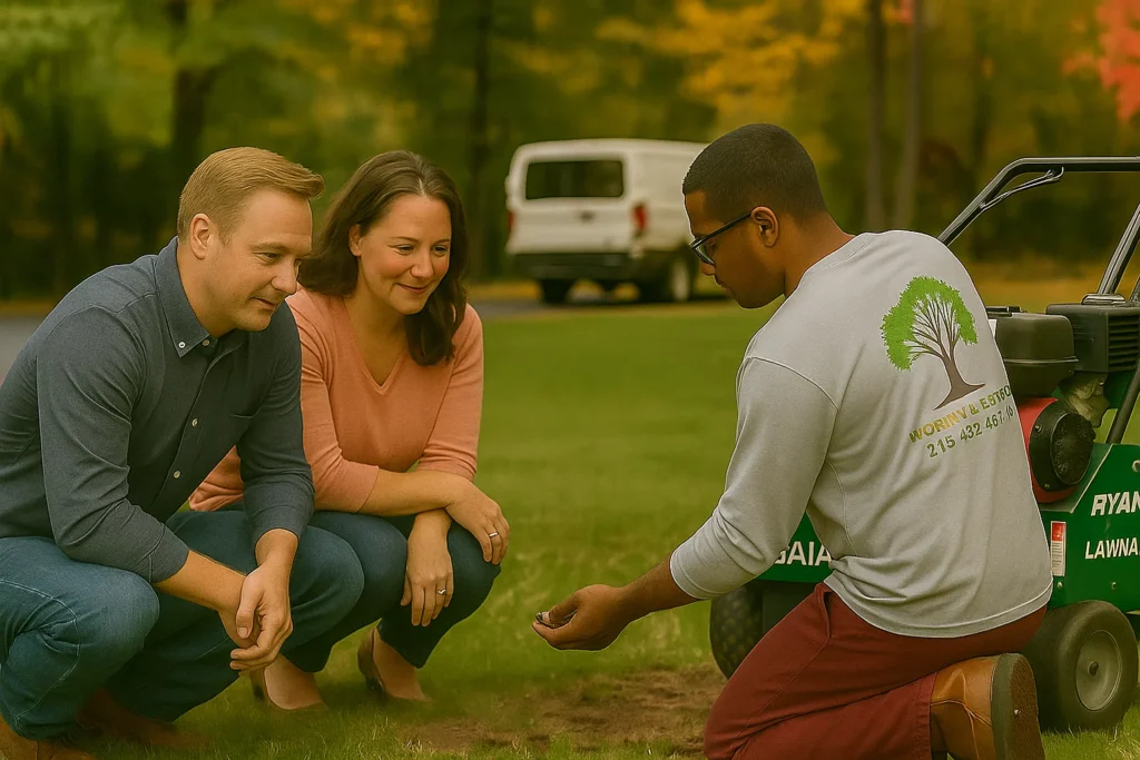 Lawn Aeration Services by Worthy Landscaping In Montgomery County showing a worker wearing hearing protection while using the aerator