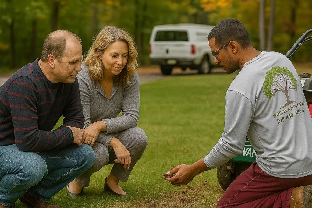 Lawn Aeration Services by Worthy Landscaping In Montgomery County showing a technician guiding a red aerator near a Worthy Landscaping pickup parked at the curb in soft evening light.
