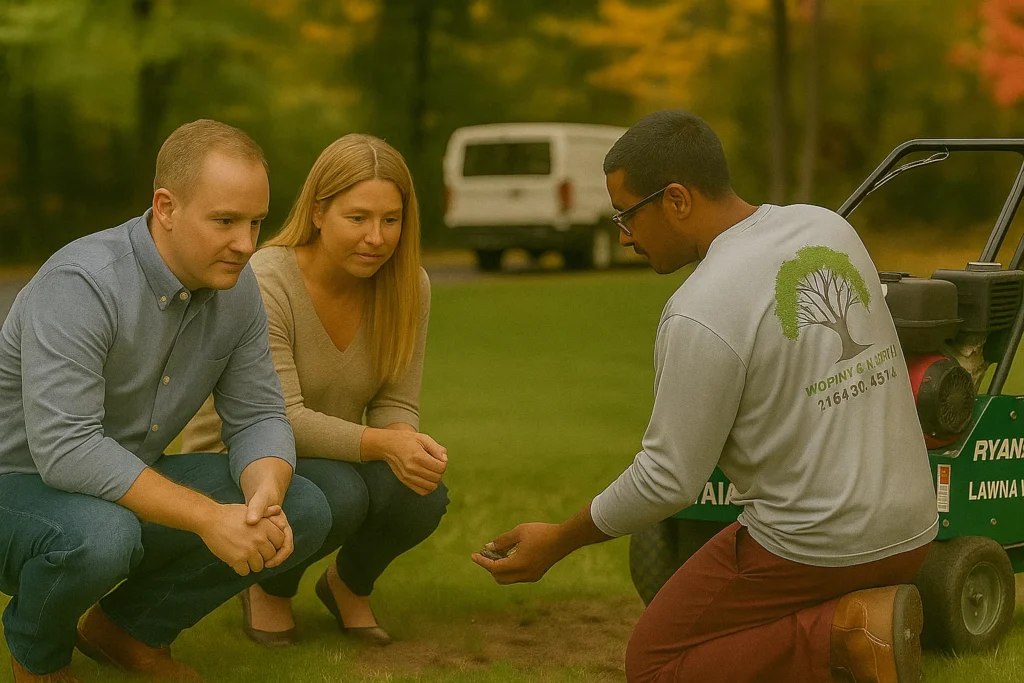 Lawn Aeration Services by Worthy Landscaping In Chester County featuring a comparison where curbside grass looked faded before and deep green after core aeration and follow-up watering.