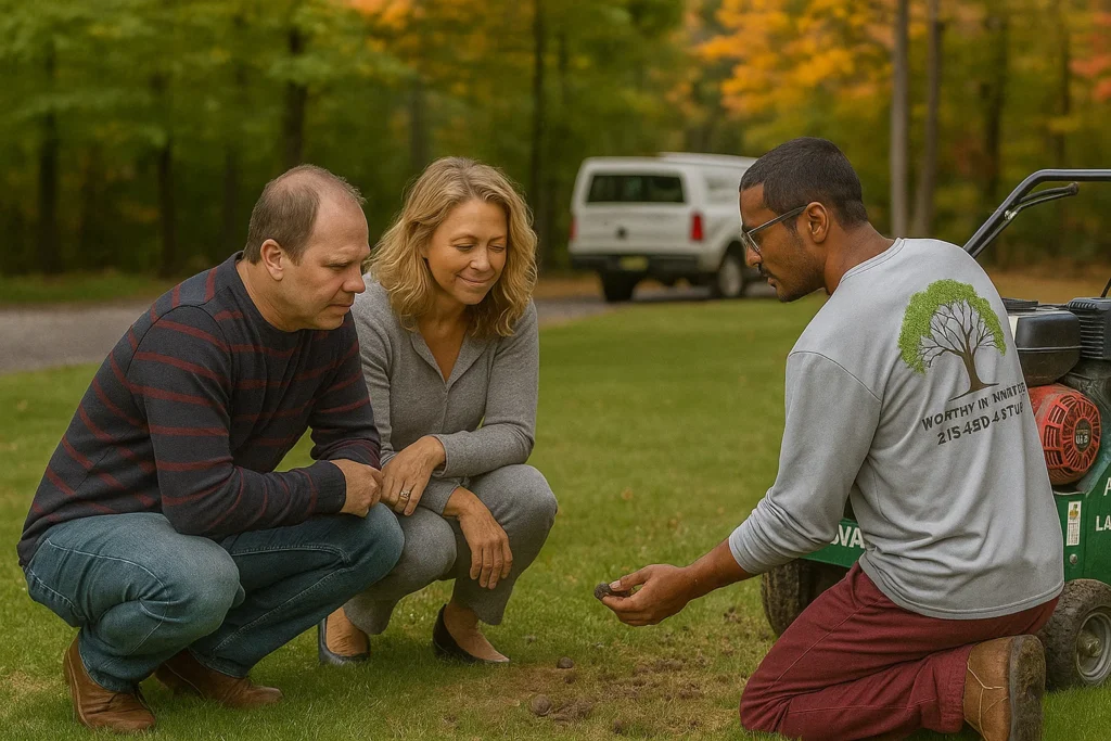stressed yard before service and a rich green lawn after aeration and seed.