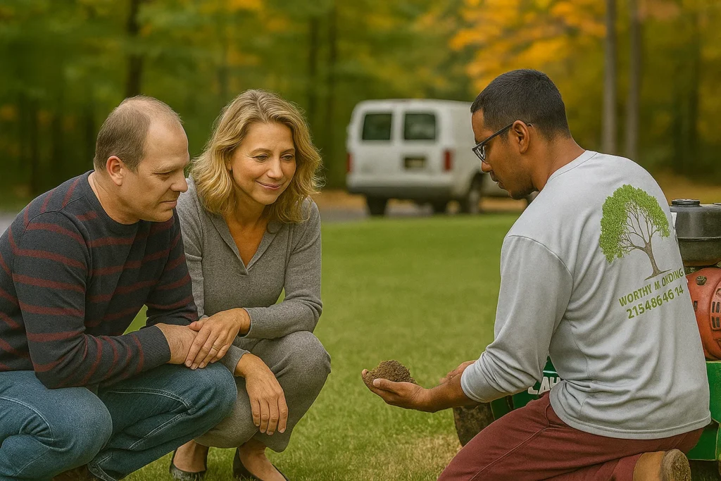 Lawn Aeration Services by Worthy Landscaping In Delaware County with a lawn expert pointing at soil plugs on the grass as a homeowner couple asks questions during their consultation.