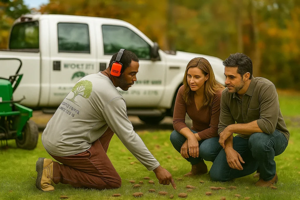 Lawn Aeration Services by Worthy Landscaping In Delaware County showing a technician and two homeowners standing near an aeration machine
