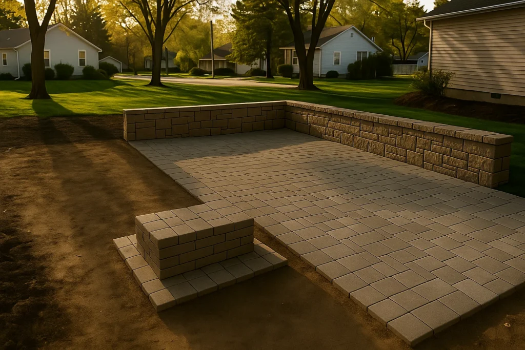 Hardscaping Services by Worthy Landscaping in Chester County highlighting an inviting backyard paver patio with a low stone retaining wall and bright green grass in a quiet neighborhood at sunset.