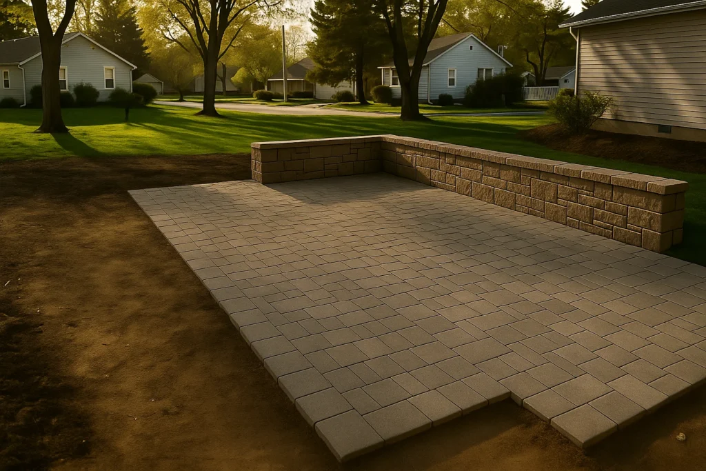 and an outdoor dining area framed by terraced planting beds.