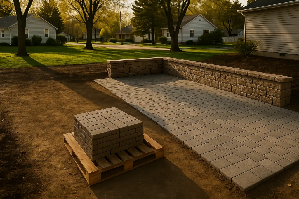 Hardscaping Services by Worthy Landscaping in Delaware County highlighting a narrow paver walkway running between a house and privacy fence