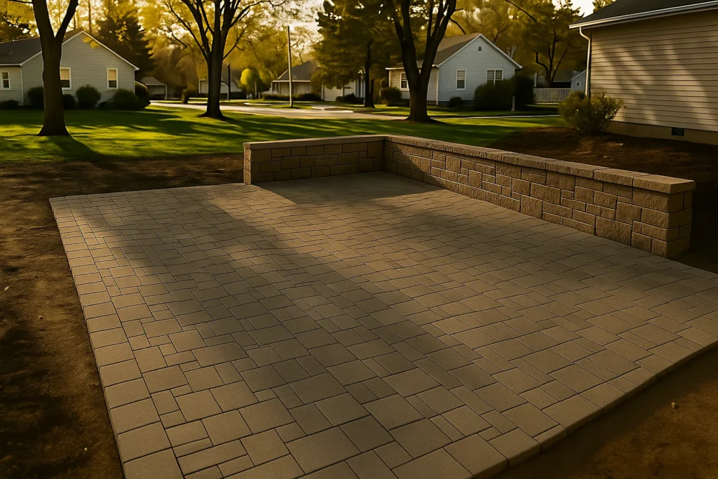 Hardscaping Services by Worthy Landscaping in Chester County capturing a modern multi-level patio with sweeping paver steps