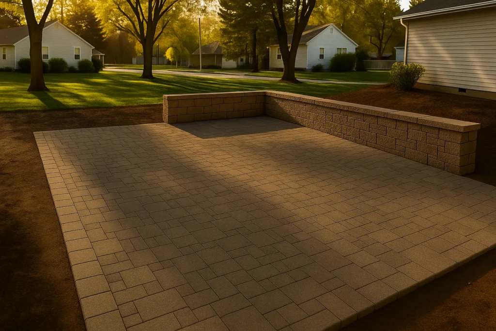 Hardscaping Services by Worthy Landscaping in Montgomery County showcasing a worker carefully sweeping polymeric sand into the joints of a stone paver patio with a push broom