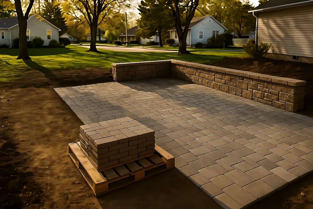 Hardscaping Services by Worthy Landscaping in Montgomery County showcasing a worker carefully sweeping polymeric sand across a stone paver patio with a push broom