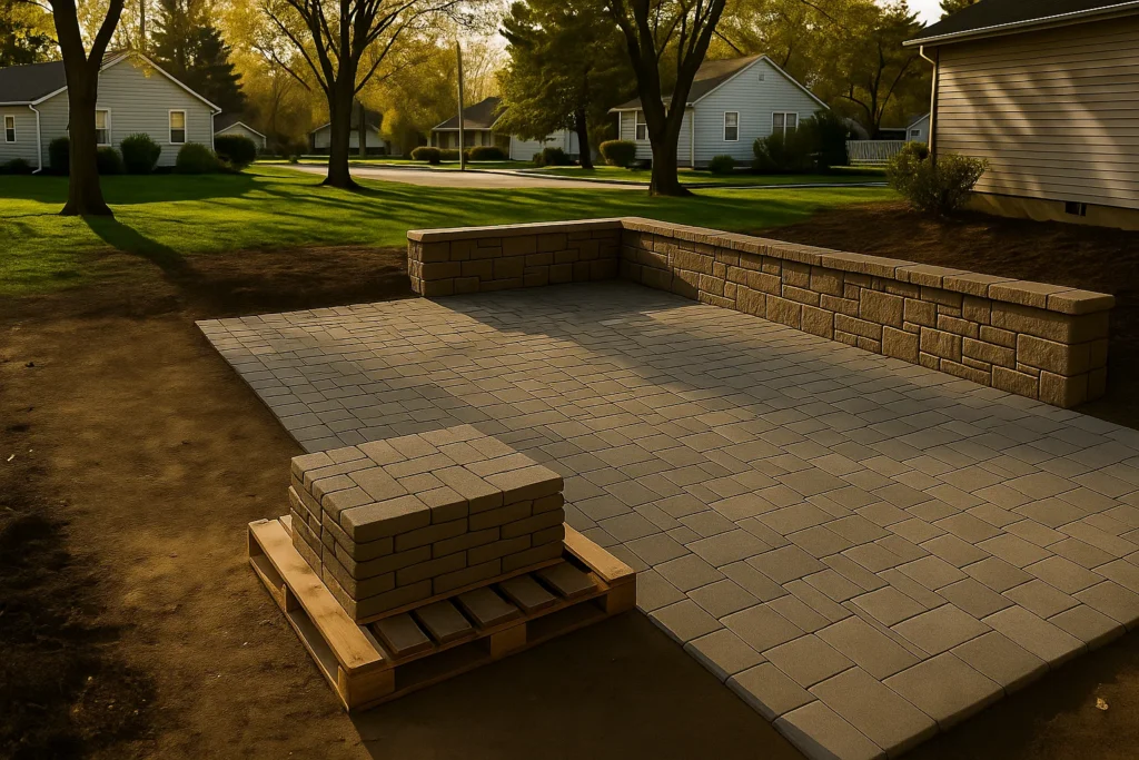 and an outdoor dining set above terraced garden beds.
