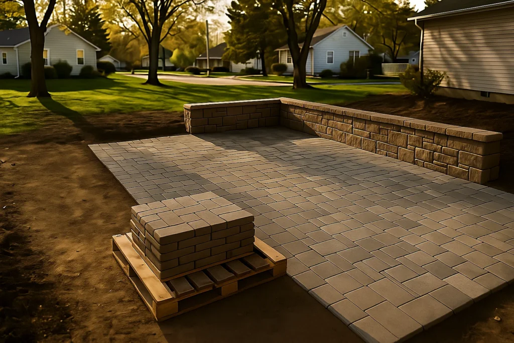 and a dining set beside structured planting beds and lawn.