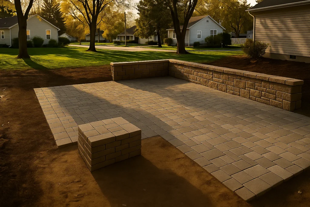 Hardscaping Services by Worthy Landscaping in Chester County highlighting a detailed view of polymeric sand being brushed between paver stones on a patio with a leaf blower and hoses in the background.