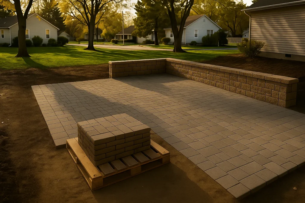 Hardscaping Services by Worthy Landscaping in Montgomery County highlighting a cozy paver patio and low stone wall surrounded by trimmed grass and nearby houses in a quiet neighborhood at sunset.