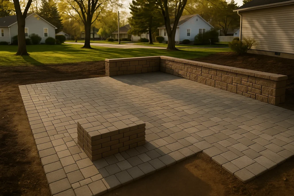Hardscaping Services by Worthy Landscaping in Chester County showcasing a crew member brushing polymeric sand between paver joints on a stone patio with a leaf blower and hoses resting nearby.