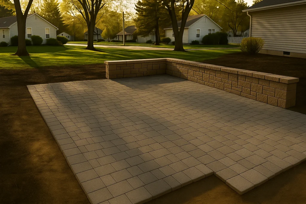 and seating walls above terraced planting beds and fresh lawn.