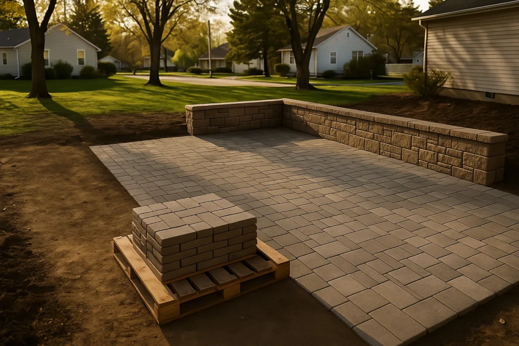 Hardscaping Services by Worthy Landscaping in Montgomery County showcasing a modern paver patio and low stone retaining wall in a quiet suburban backyard with manicured grass at sunset.
