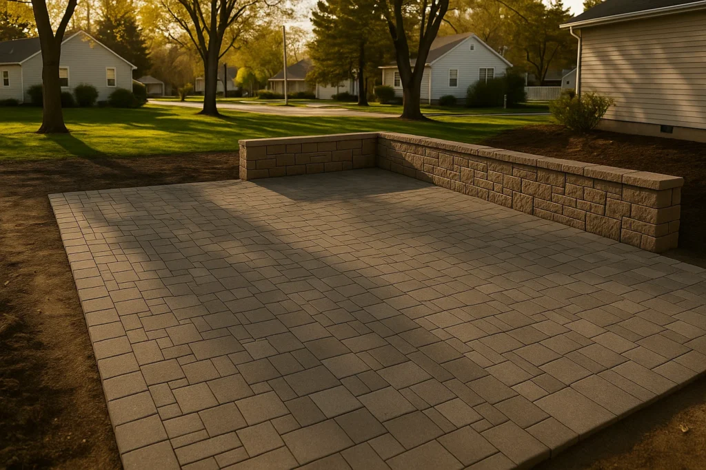and an outdoor dining set framed by terraced planting beds and a vibrant green lawn.