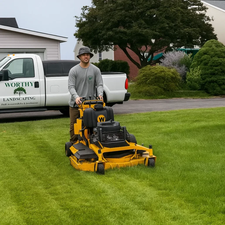 cutting a path through overgrown lawn while yard‑waste bags line the fence ready for pickup.