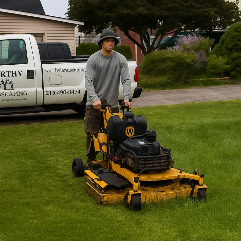 bright yellow mower and uniformed worker showcasing dependable scheduled lawn maintenance.