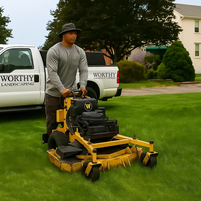technician using a spade to redefine the transition from green turf to dark mulch.