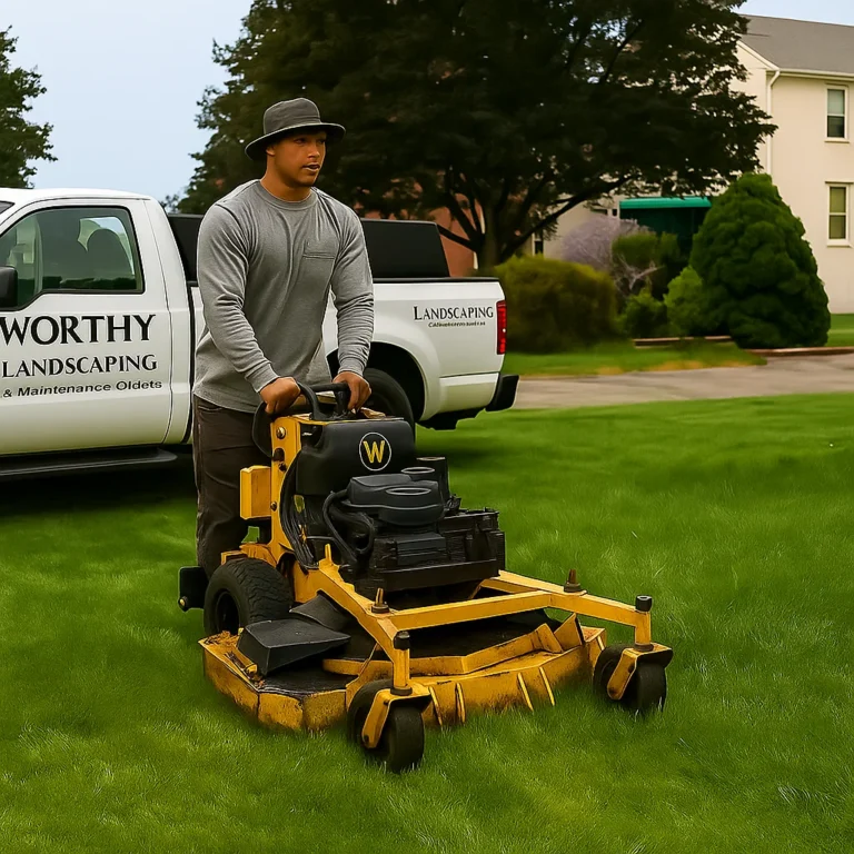 operator working skillfully around the rear building while maintaining smooth stripe patterns.