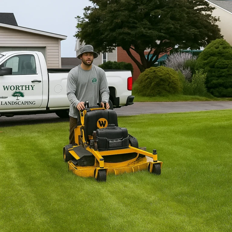 wide mower deck tackling a large front yard efficiently to keep service times predictable.