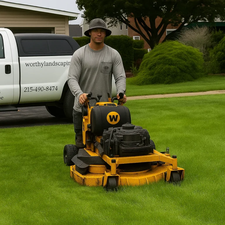technician mowing thick turf to maintain strong curb appeal around existing landscape beds.