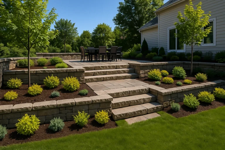 and a dining set overlooking terraced planting beds and a lush lawn.