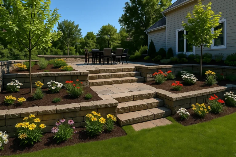 bordered by decorative river rock