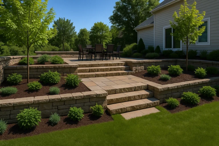 Hardscaping Services by Worthy Landscaping in Montgomery County featuring a neat paver walkway tucked between a house and privacy fence