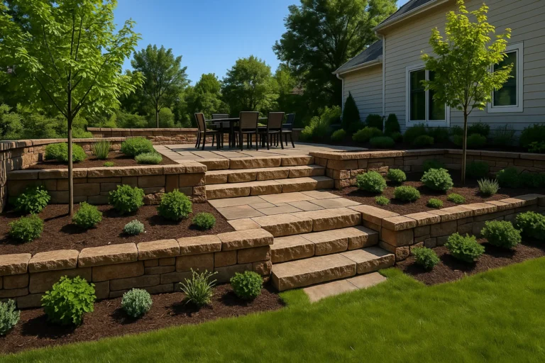 Hardscaping Services by Worthy Landscaping in Montgomery County showcasing a custom multi-level stone patio with wide paver steps