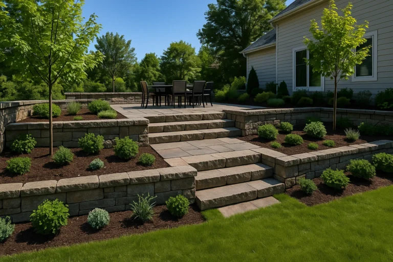 Hardscaping Services by Worthy Landscaping in Delaware County featuring a close-up of polymeric sand being swept between patio pavers with a push broom