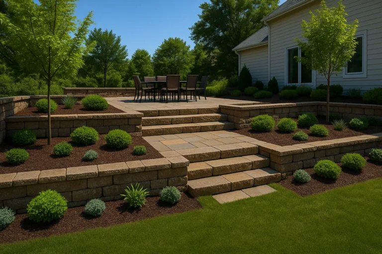 Hardscaping Services by Worthy Landscaping in Chester County highlighting patio finishing work as polymeric sand is brushed into paver joints while a leaf blower and hoses lie nearby.