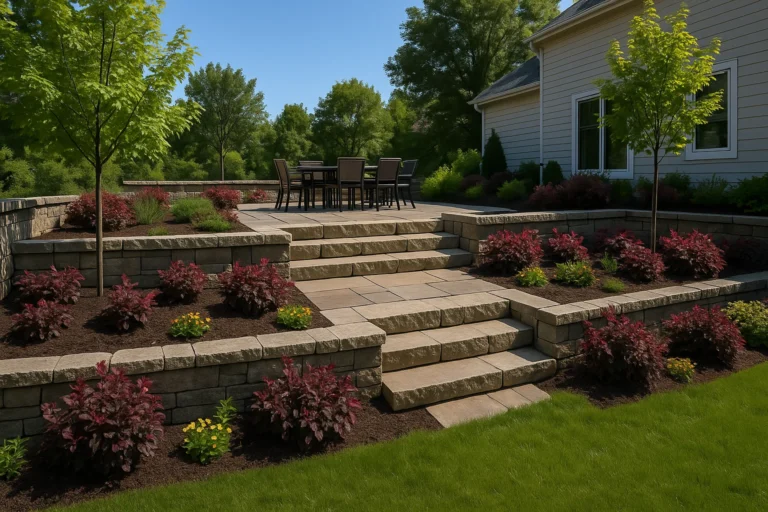 and shrubs around an outdoor AC unit.