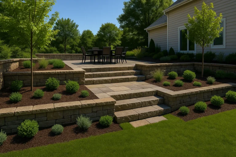 Hardscaping Services by Worthy Landscaping in Montgomery County capturing a narrow paver walkway between home and privacy fence