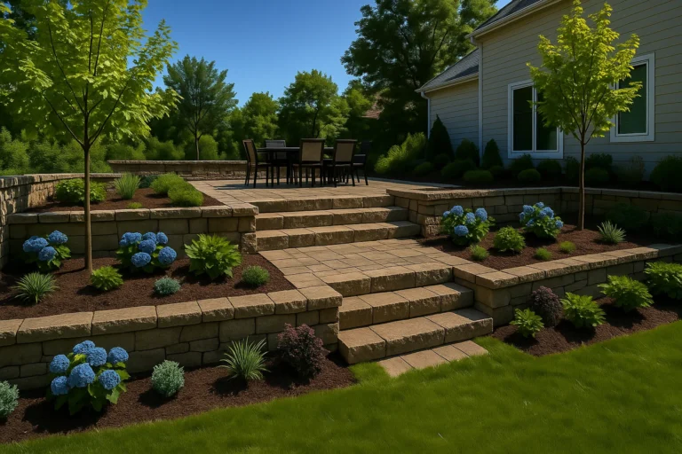 Hardscaping Services by Worthy Landscaping in Montgomery County featuring a multi-level stone patio with wide paver steps