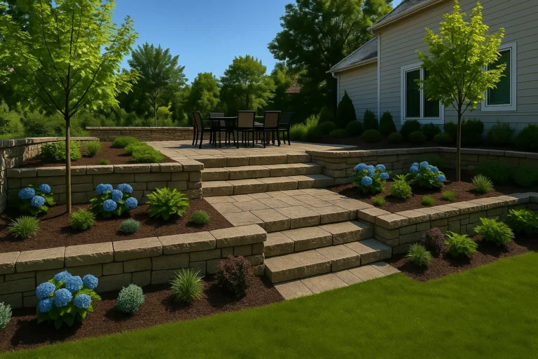 Hardscaping Services by Worthy Landscaping in Delaware County featuring a stone patio surface where polymeric sand is being swept into joints with a broom