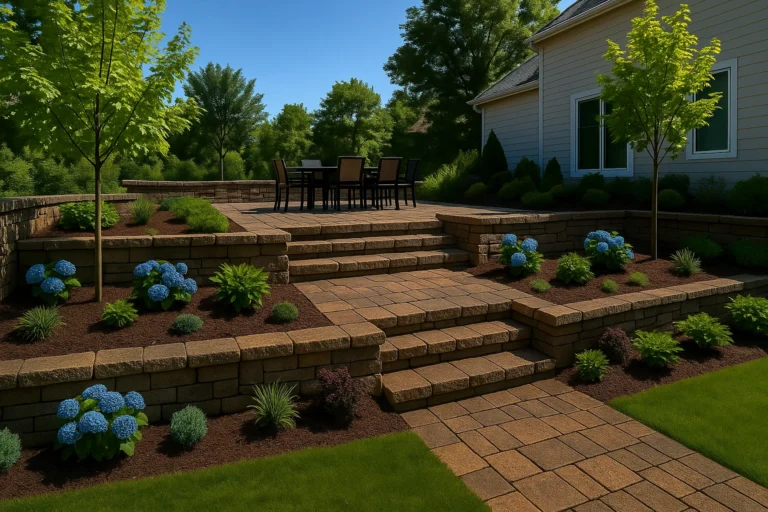 Hardscaping Services by Worthy Landscaping in Chester County featuring a backyard paver patio with a low stone retaining wall