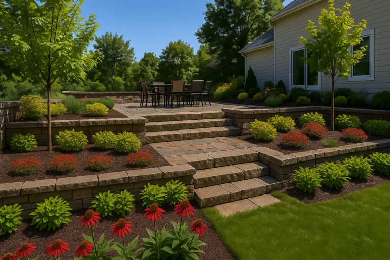 sunset-lit paver patio and low stone retaining wall in a landscaped suburban backyard with lush lawn.